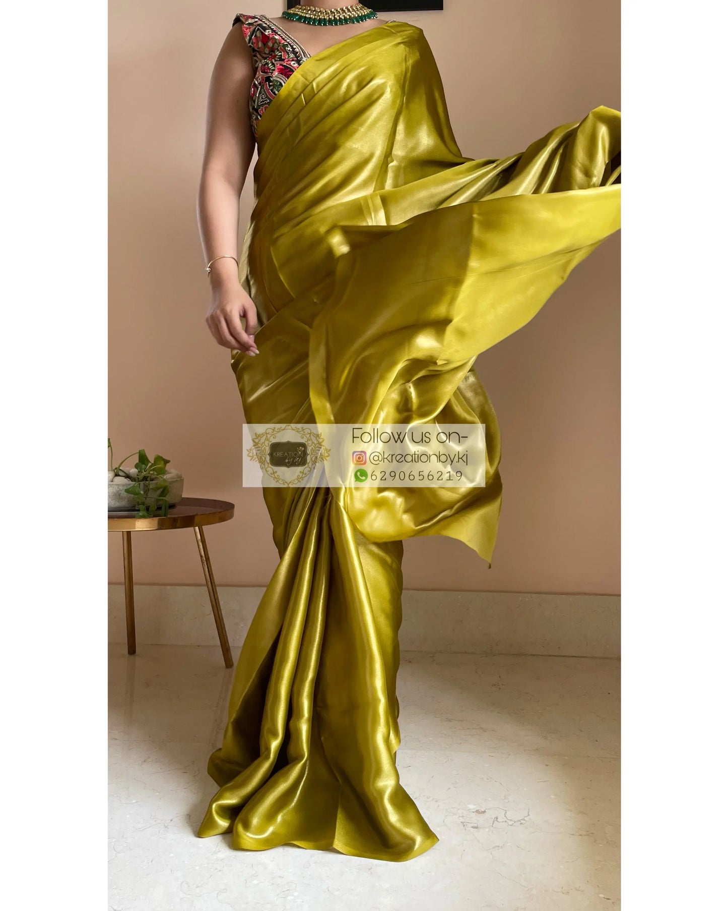 Mehendi Green Shimmer Satin Saree - kreationbykj