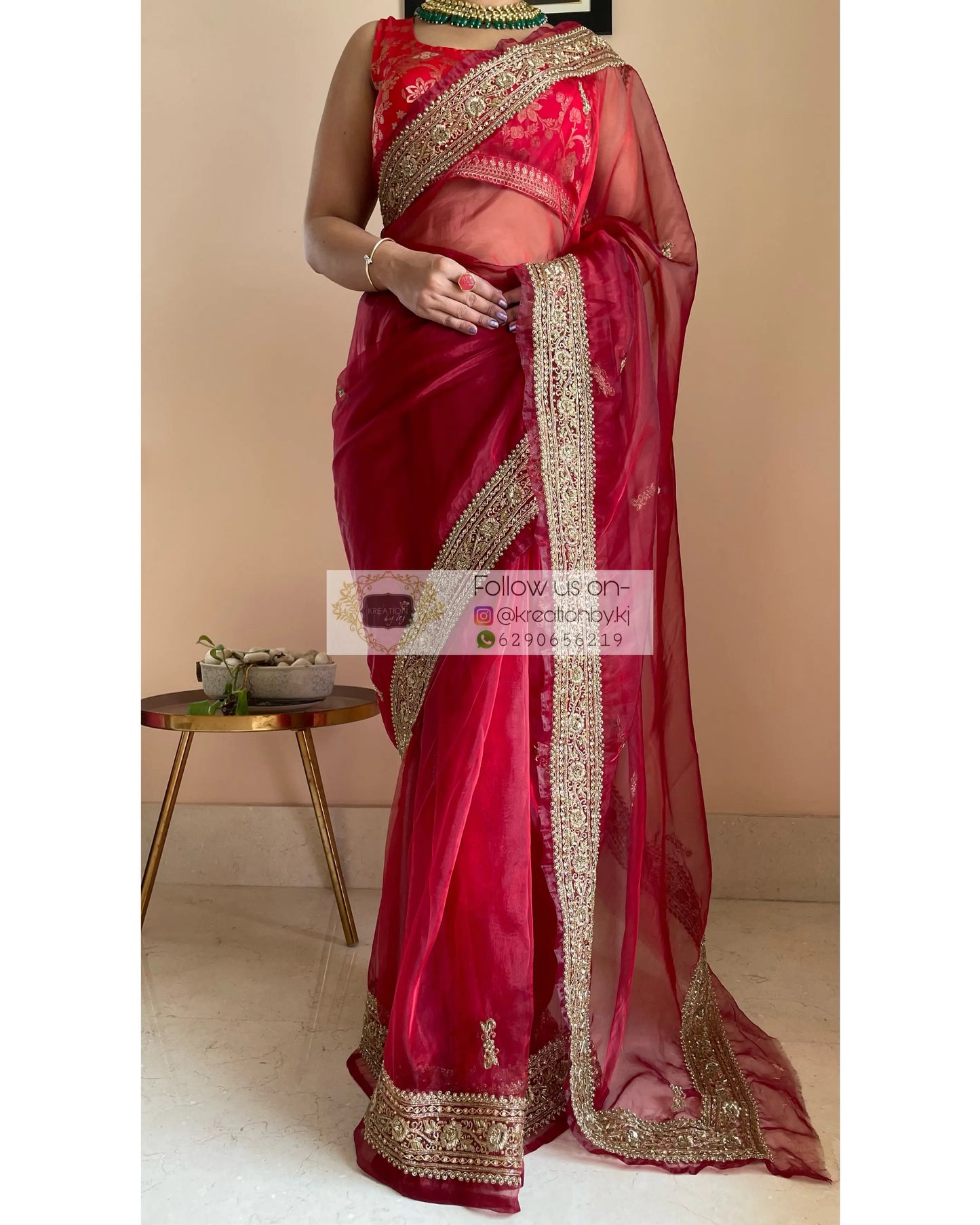 Red Glass Tissue Zarina Saree - kreationbykj