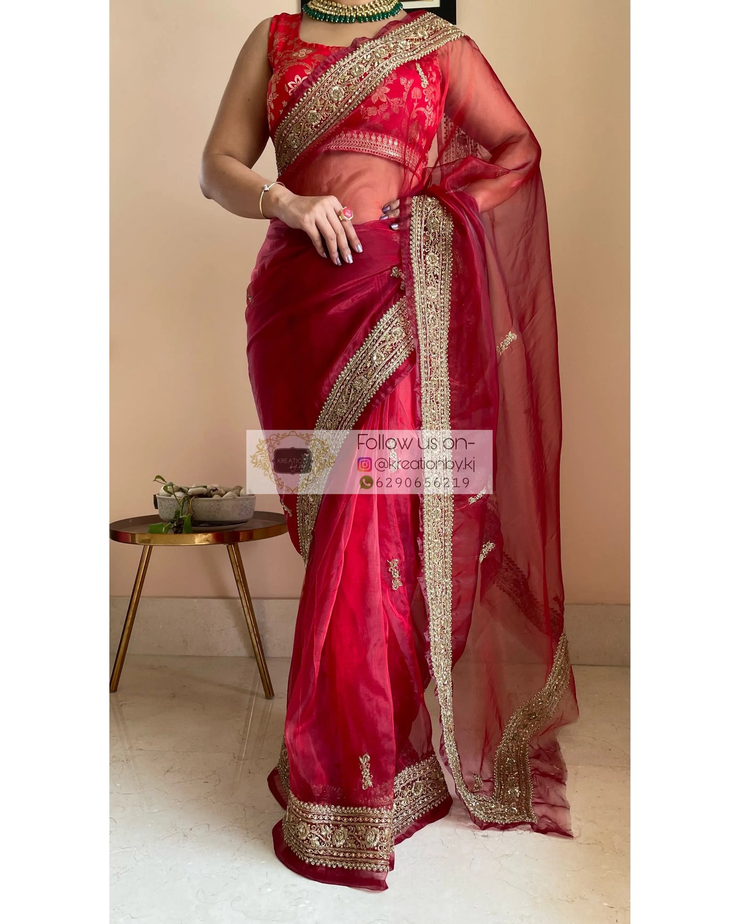 Red Glass Tissue Zarina Saree - kreationbykj