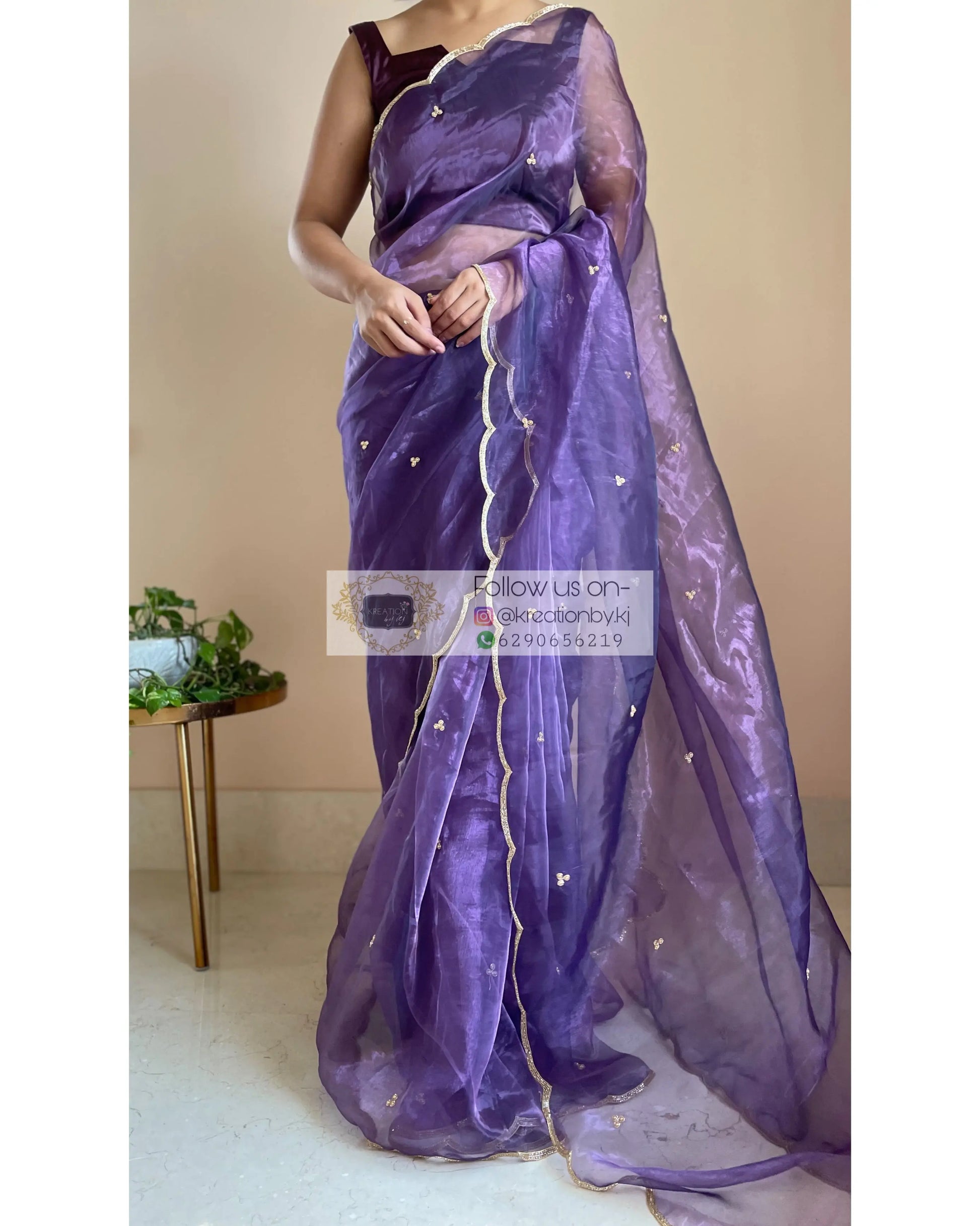 Violet Glass Tissue Saree with Handembroidered Scalloping - kreationbykj