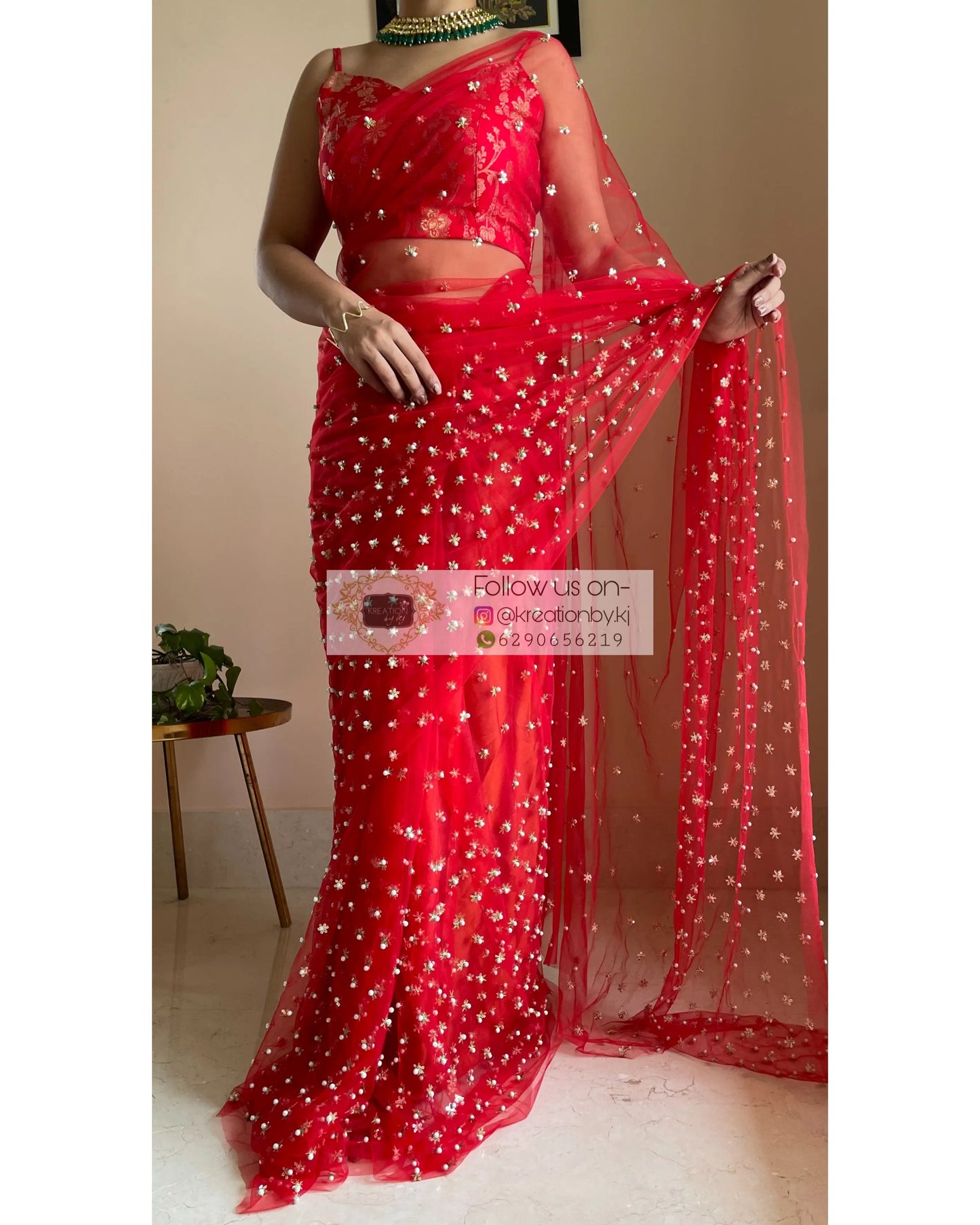 Jugnoo Red Net Saree - kreationbykj