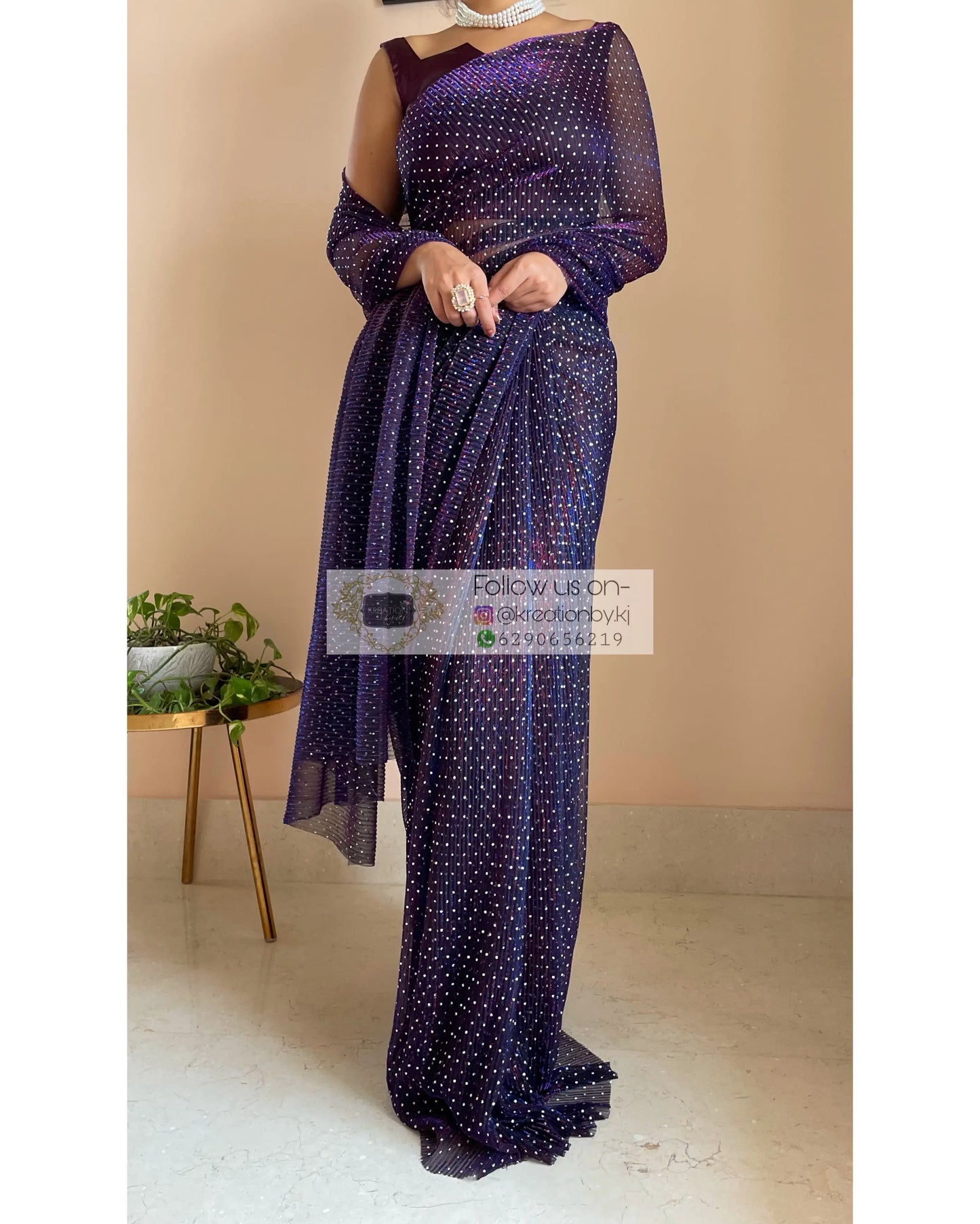 Violet Pleated Shimmer Net Saree - kreationbykj