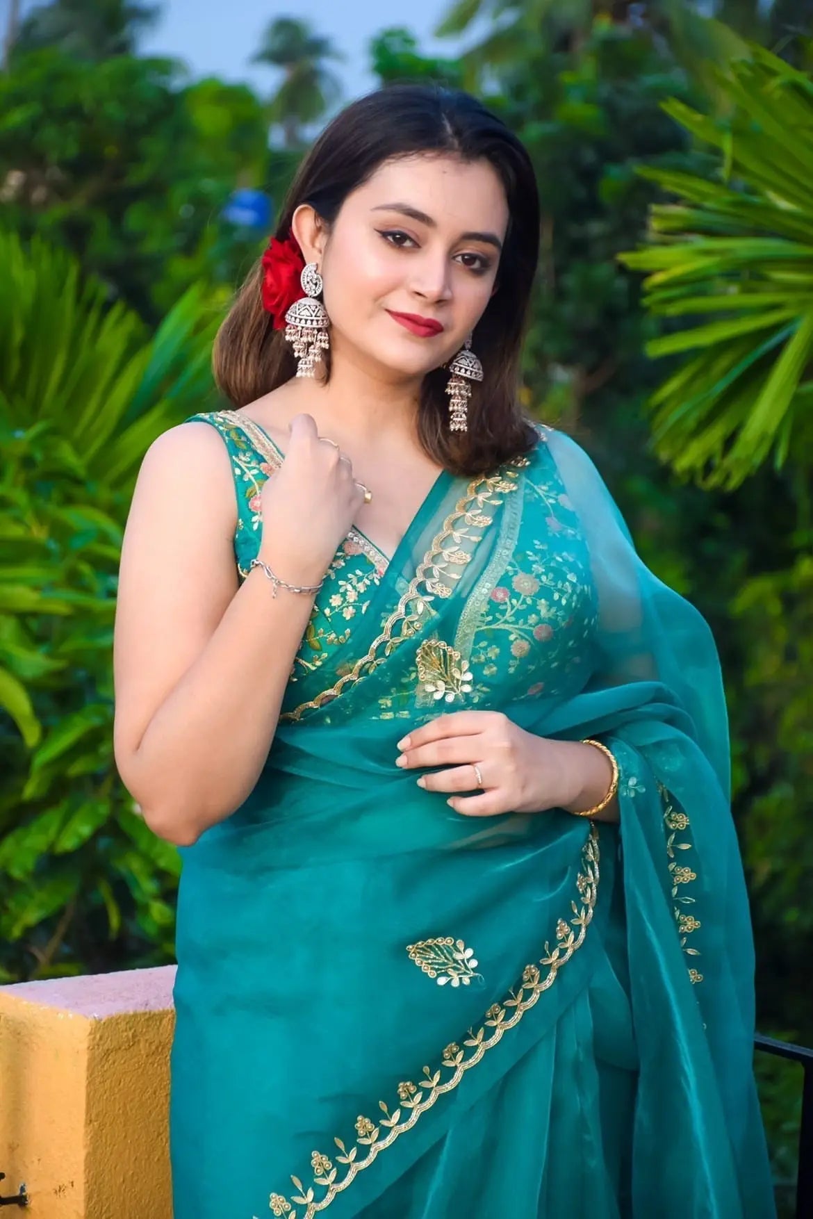 Teal Blue Glass Tissue Saree With Gota Patti Border - kreationbykj