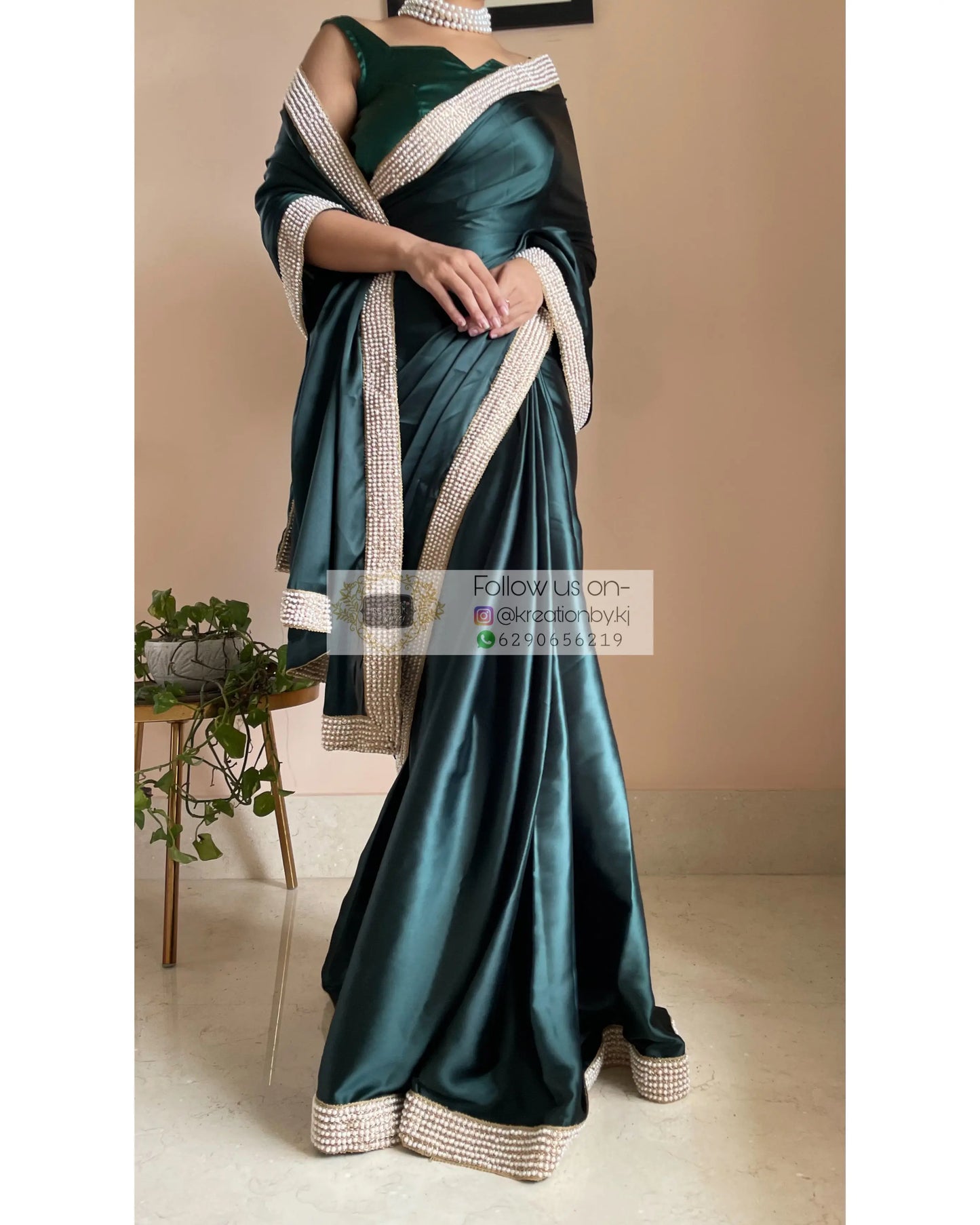 Dark Blackish Green Mother Of Pearl Saree - kreationbykj