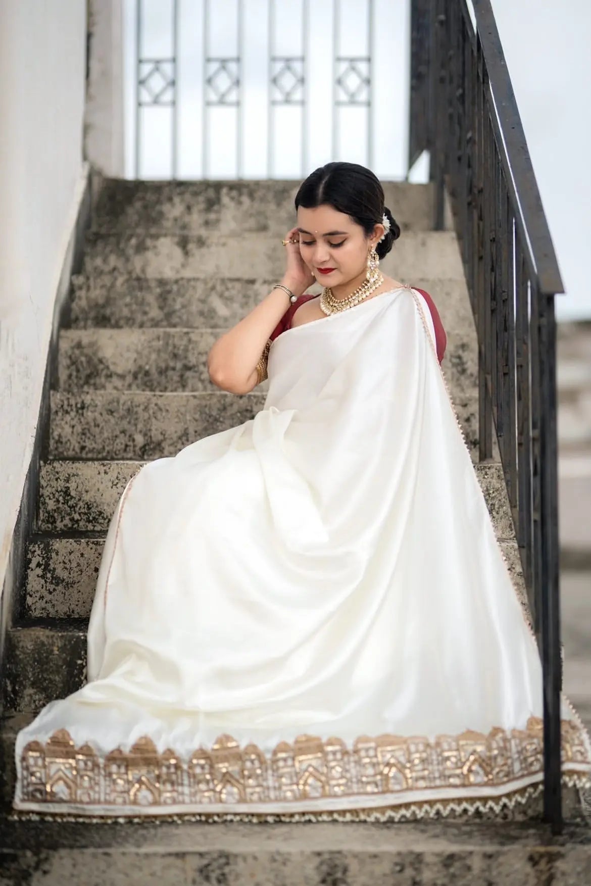 Cream Satin Silk Taj Mahal Saree - kreationbykj
