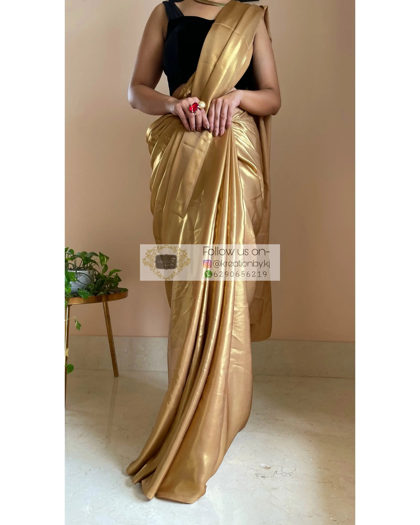 Molten Gold Shimmer Satin Saree - kreationbykj