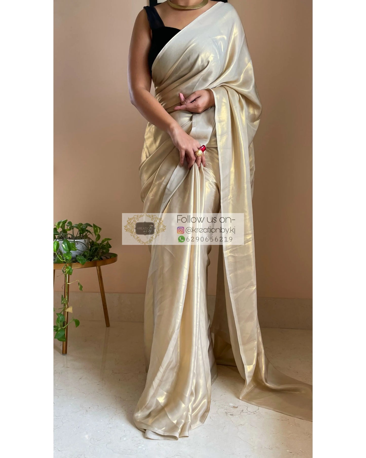 Beige Shimmer Satin Saree - kreationbykj