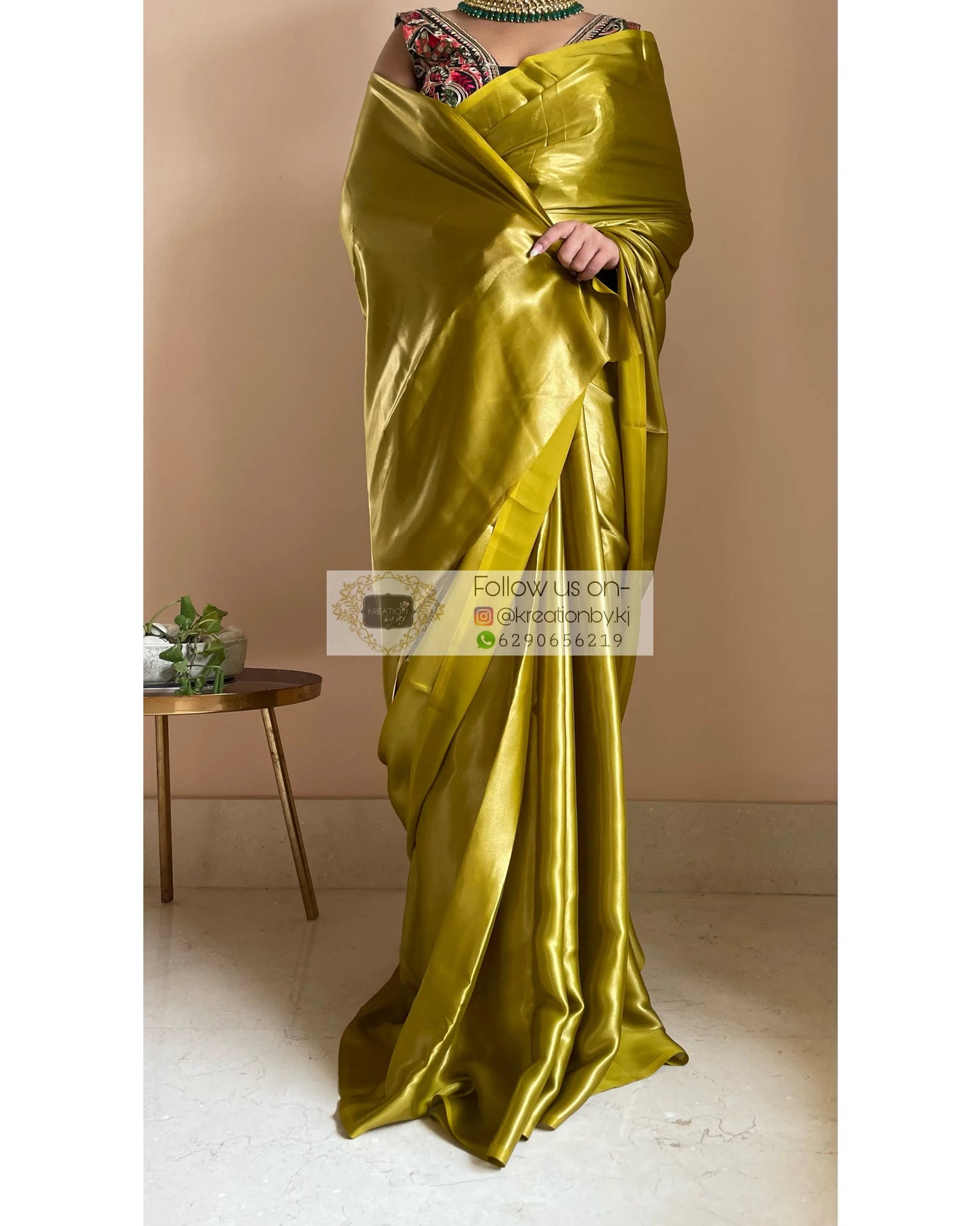 Mehendi Green Shimmer Satin Saree - kreationbykj