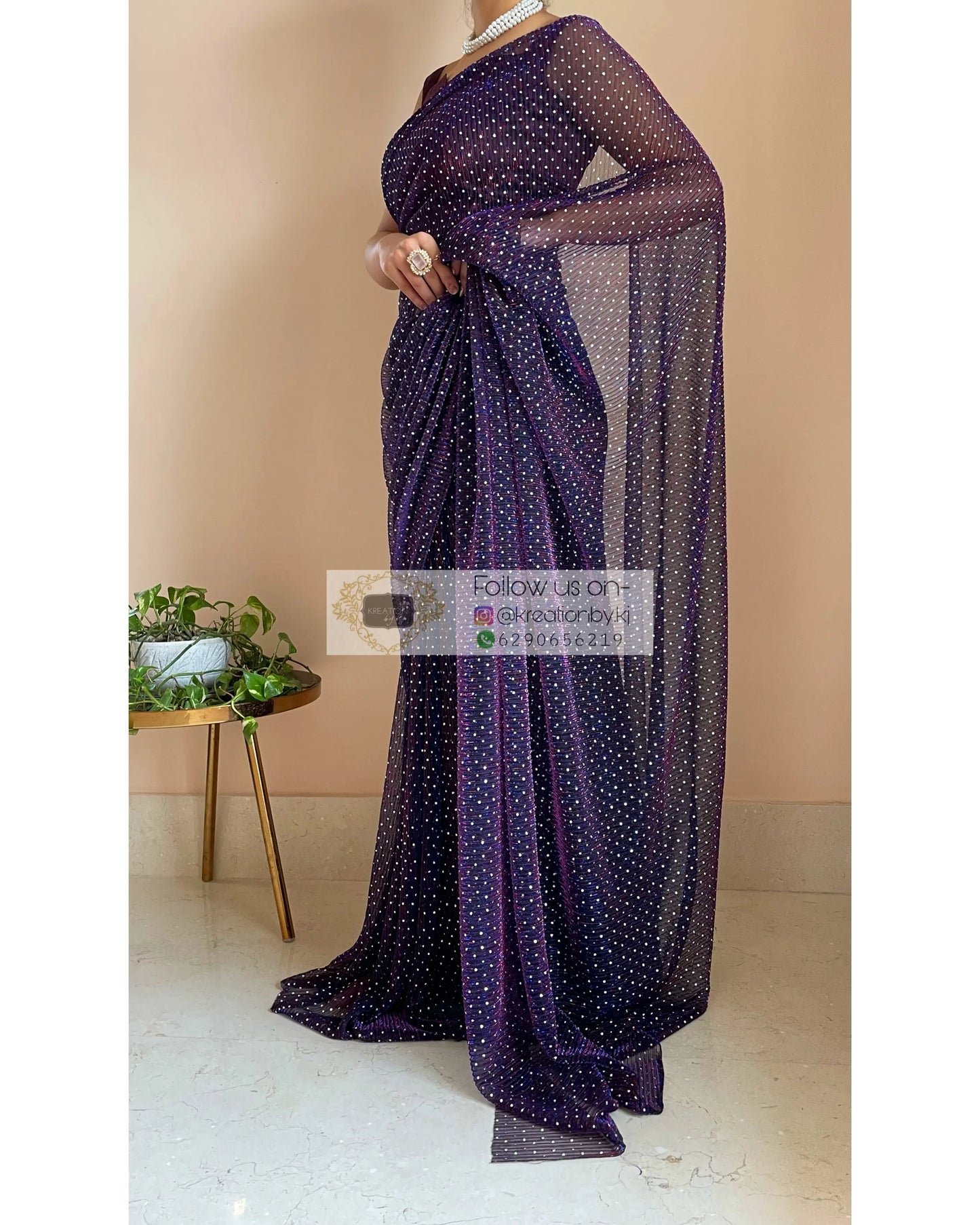Violet Pleated Shimmer Net Saree - kreationbykj