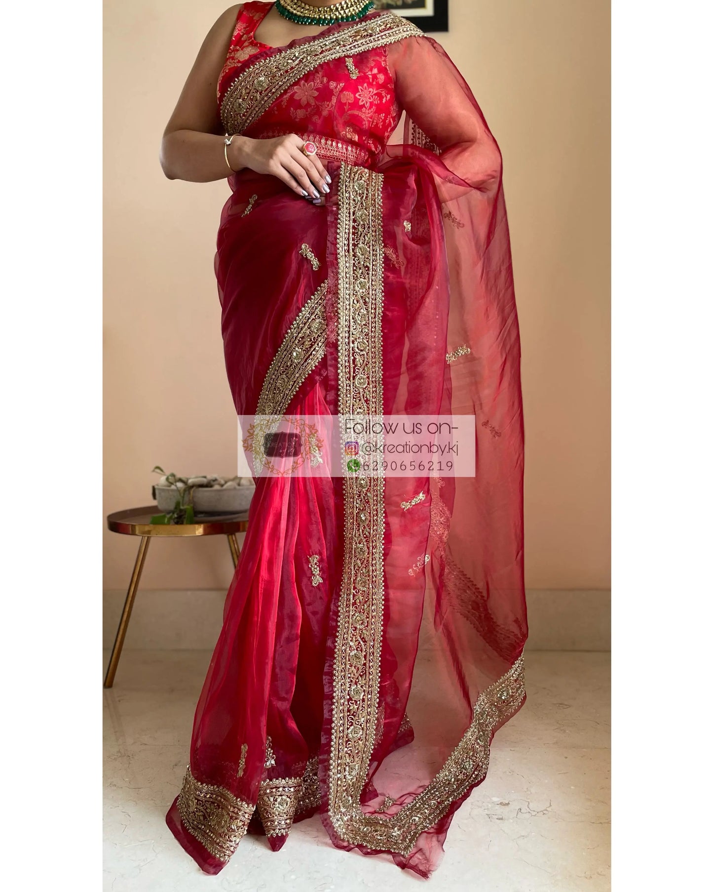 Red Glass Tissue Zarina Saree - kreationbykj
