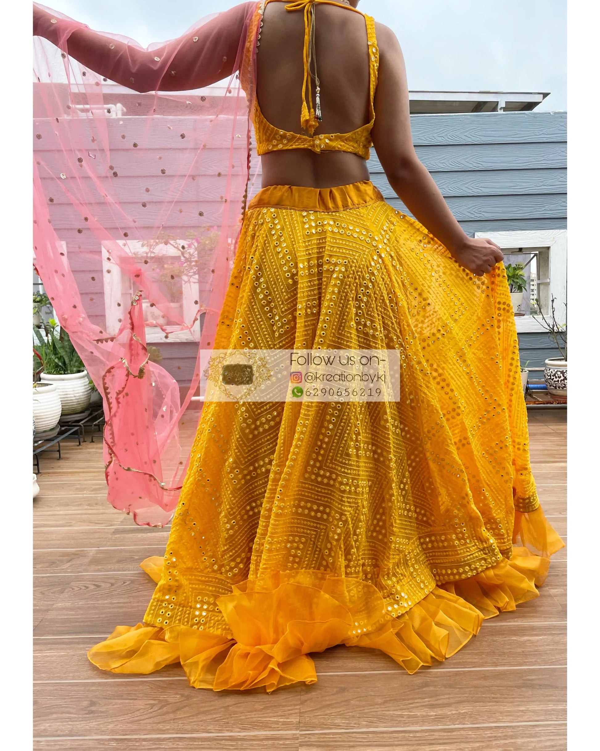Yellow Sheesh Mahal Lehenga Set - kreationbykj