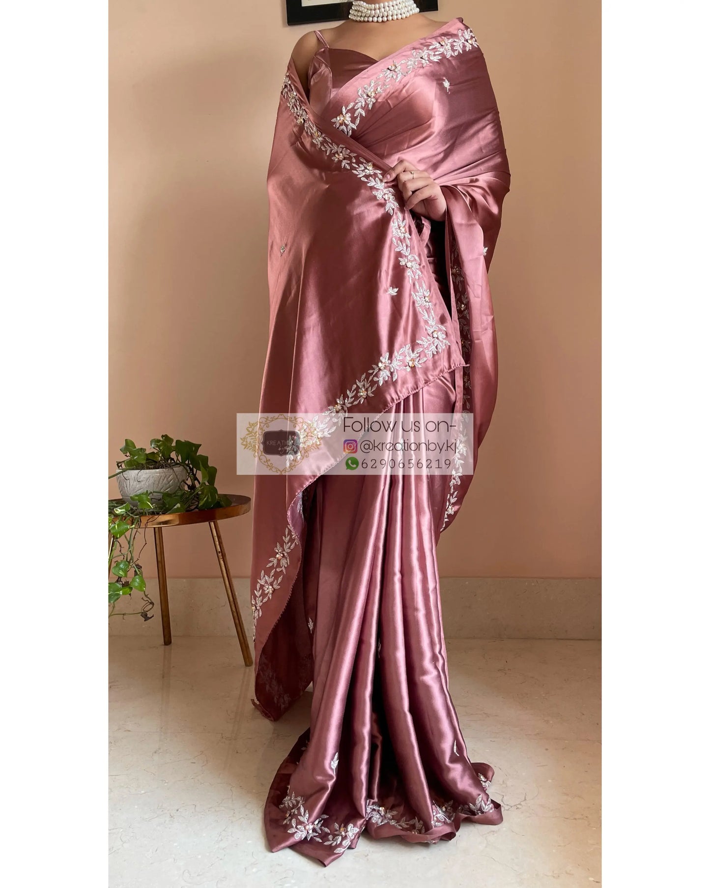 Rose Gold Satin Silk Chandani Saree - kreationbykj