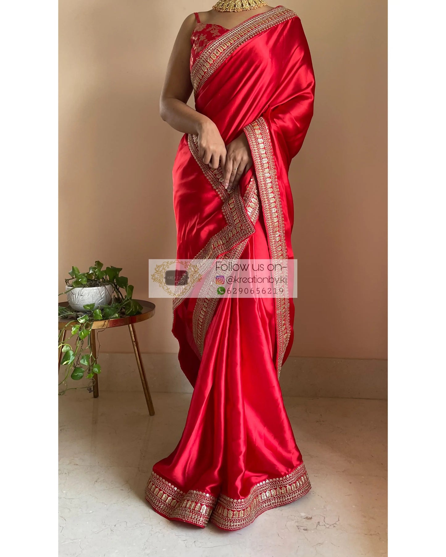 Surkh Laal Satin Silk Saree with Border - kreationbykj