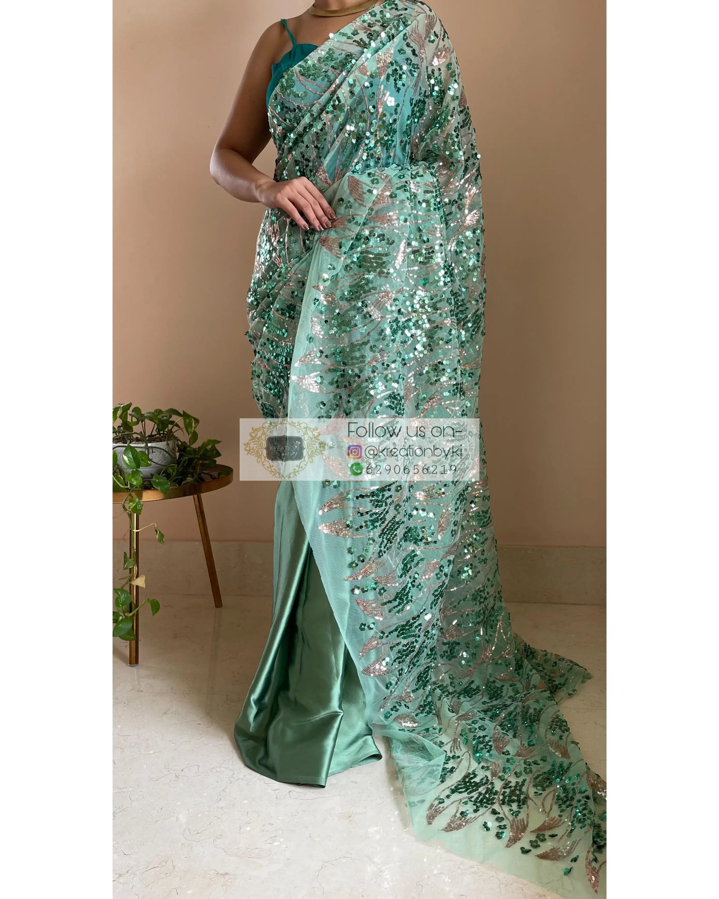 Green Mermaid Sequins Saree - kreationbykj