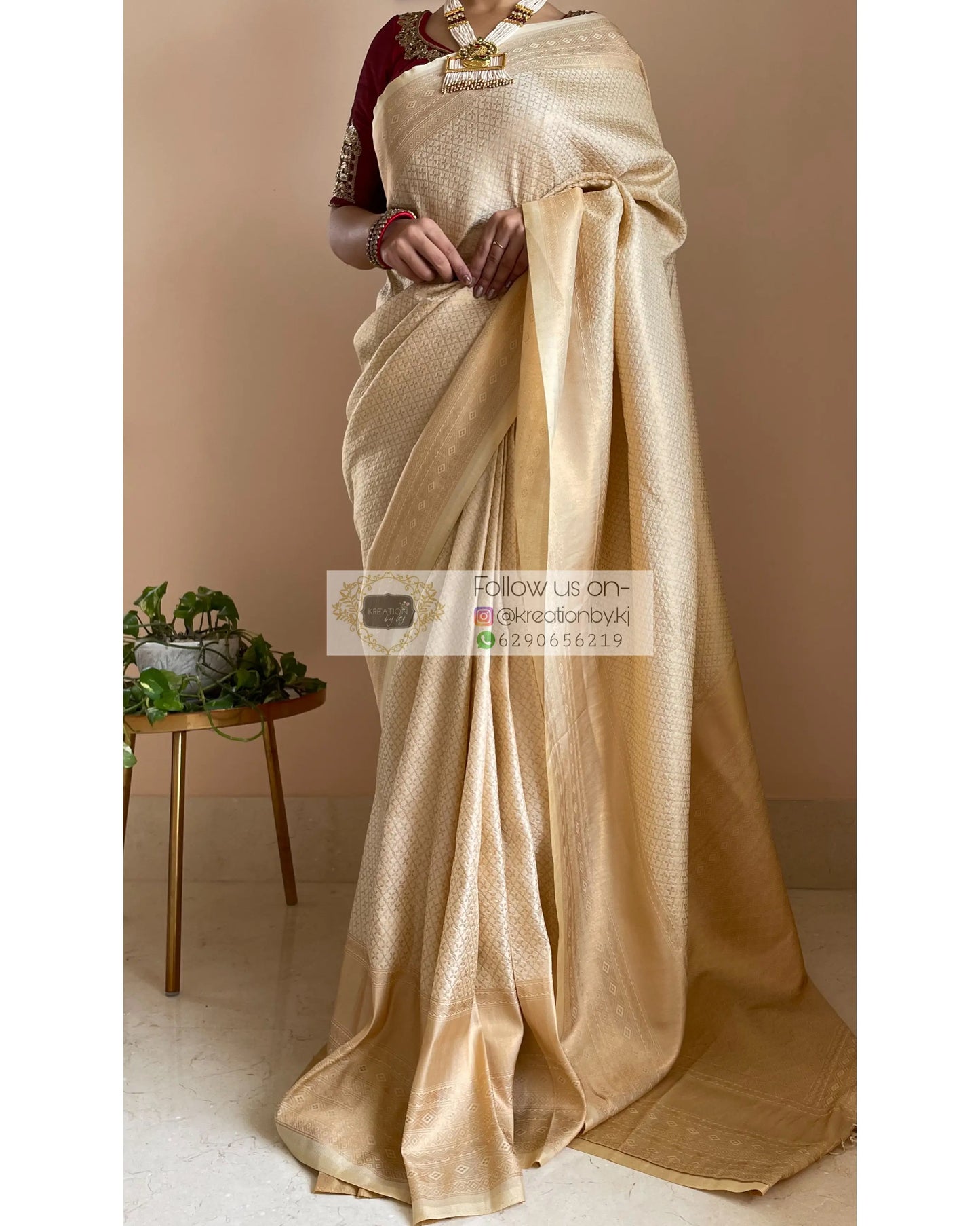 Beige Banarasi Saree with Designer Blouse - kreationbykj