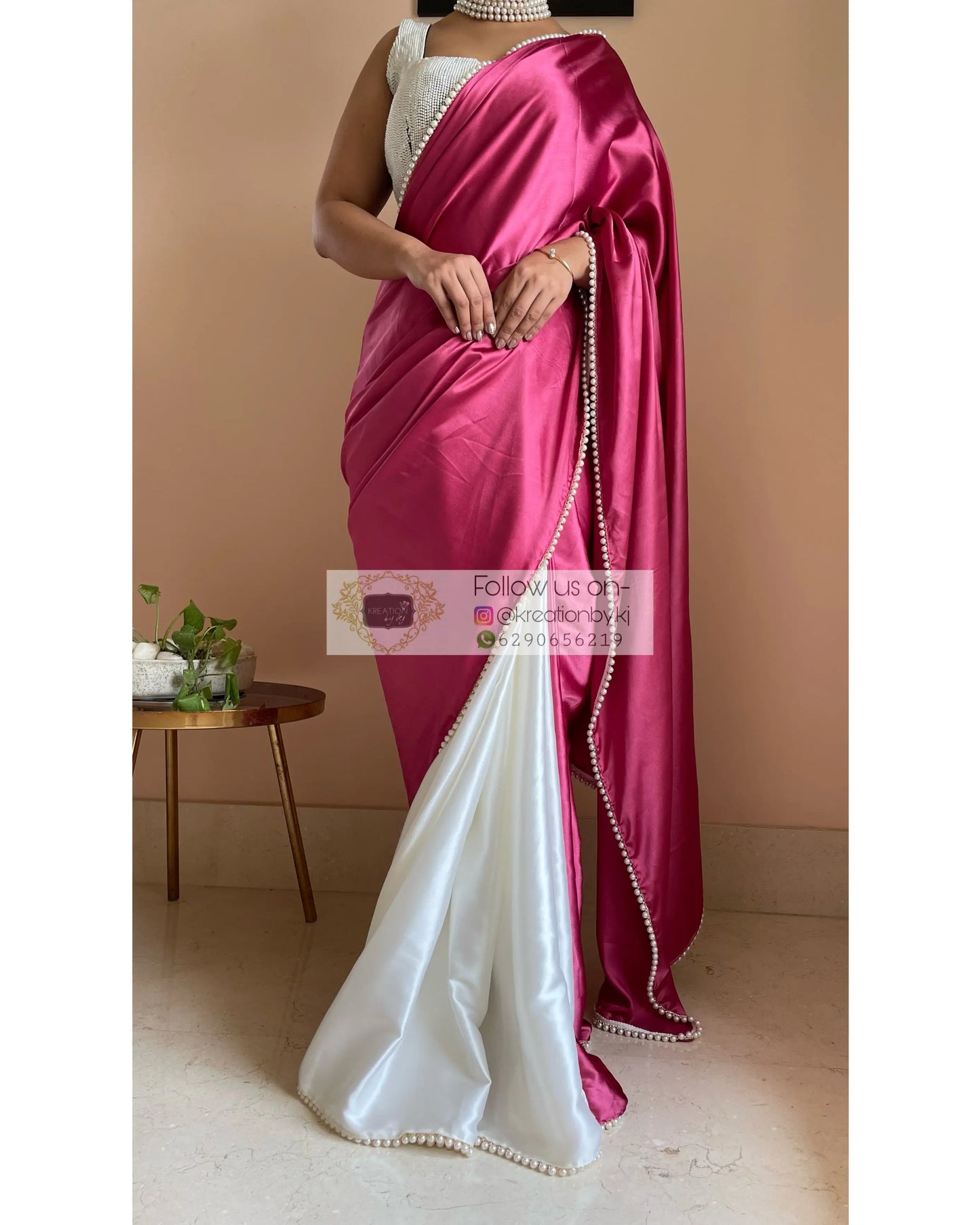 Pink Carnations Two in One Satin Saree - kreationbykj