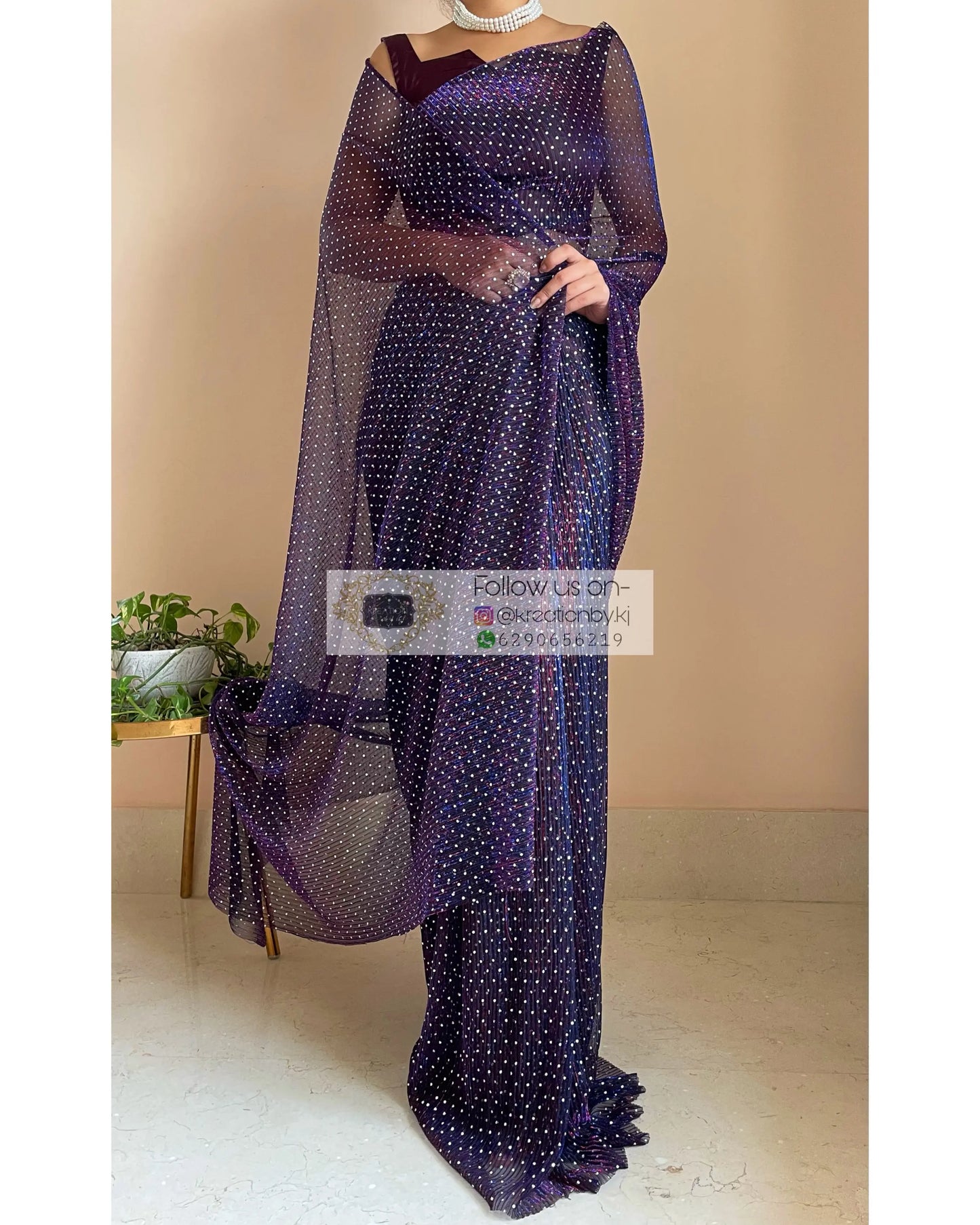 Violet Pleated Shimmer Net Saree - kreationbykj