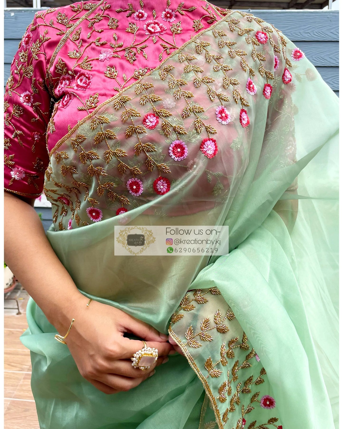 Blooming Daisies Mint Organza Saree - kreationbykj
