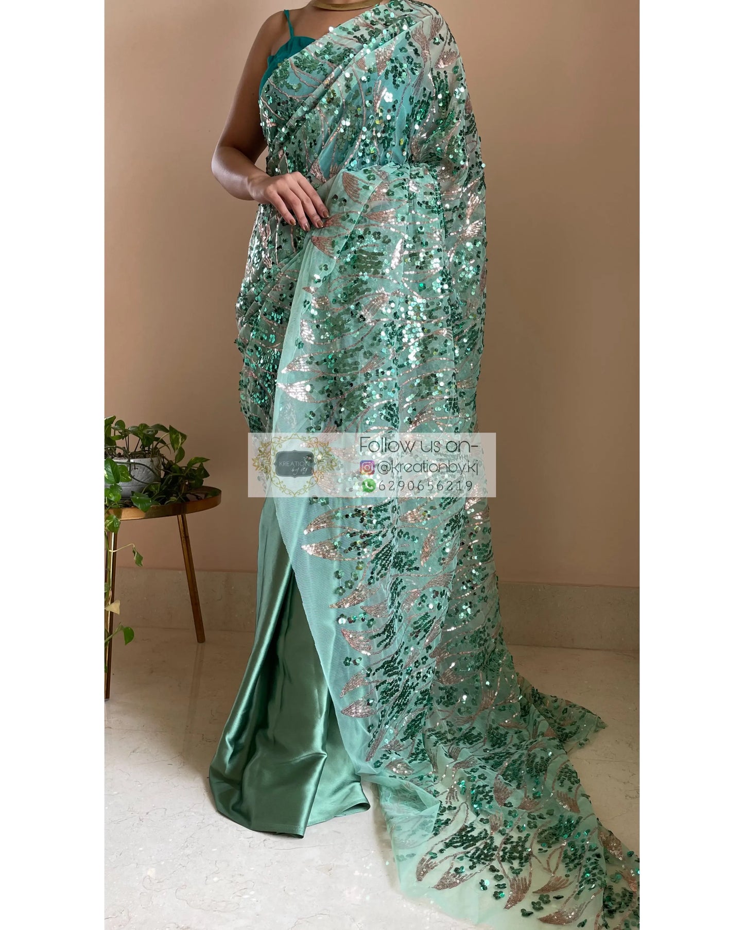 Green Mermaid Sequins Saree - kreationbykj