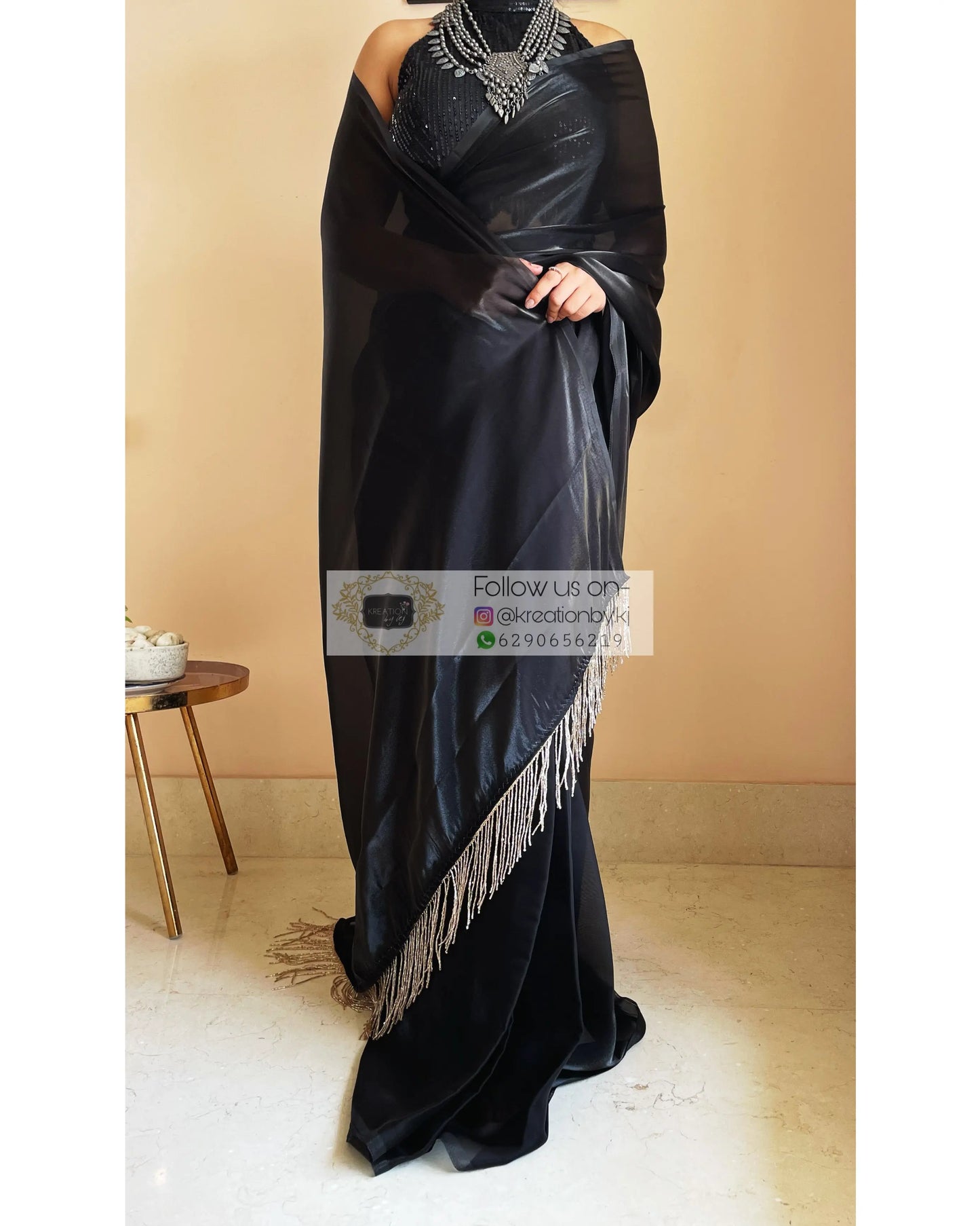 Black Romance Glass Organza Saree - kreationbykj