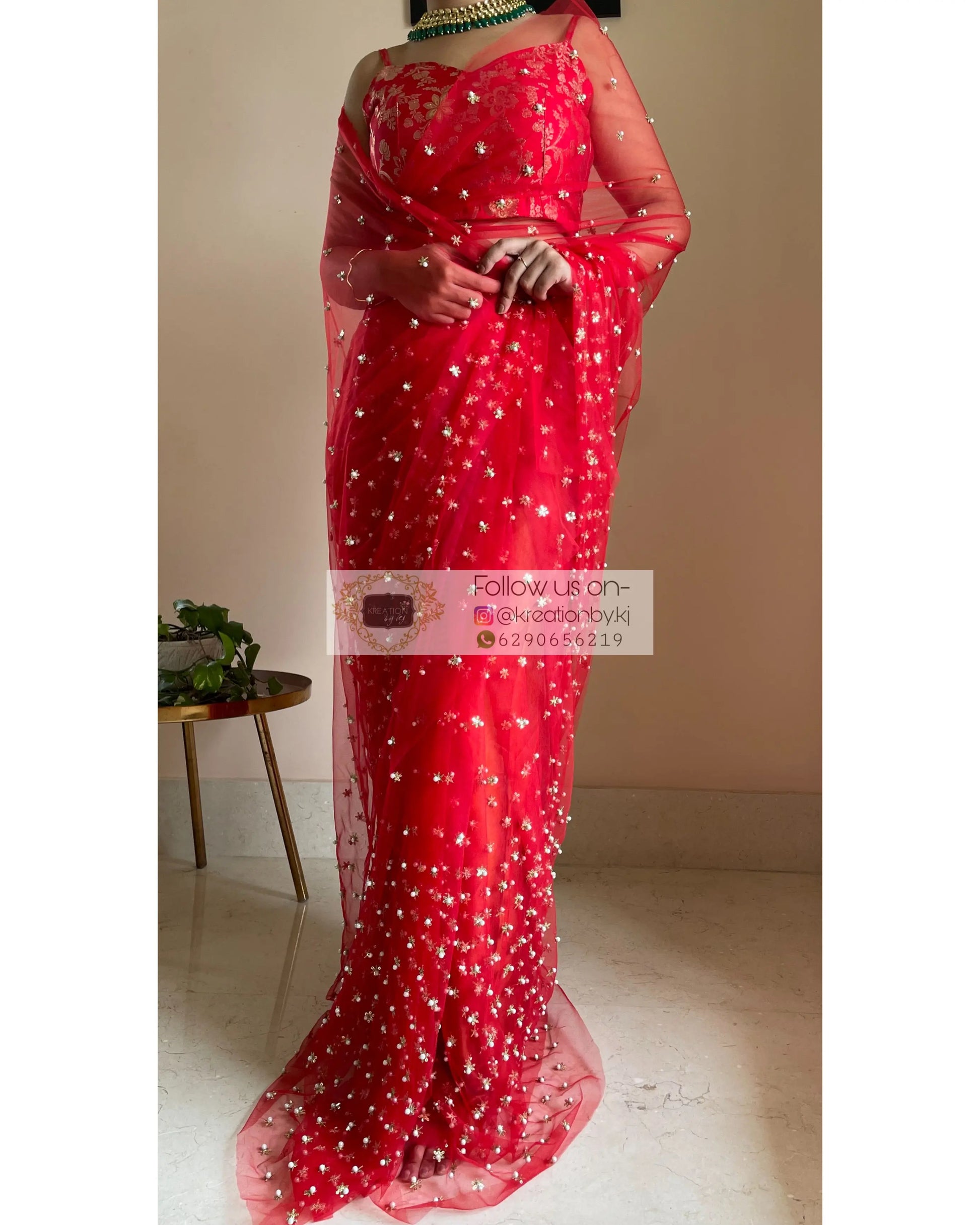 Jugnoo Red Net Saree - kreationbykj