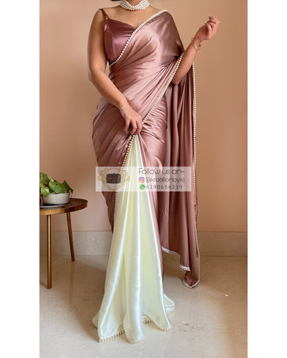 Rose Gold Peonies Two in One Satin Saree - kreationbykj