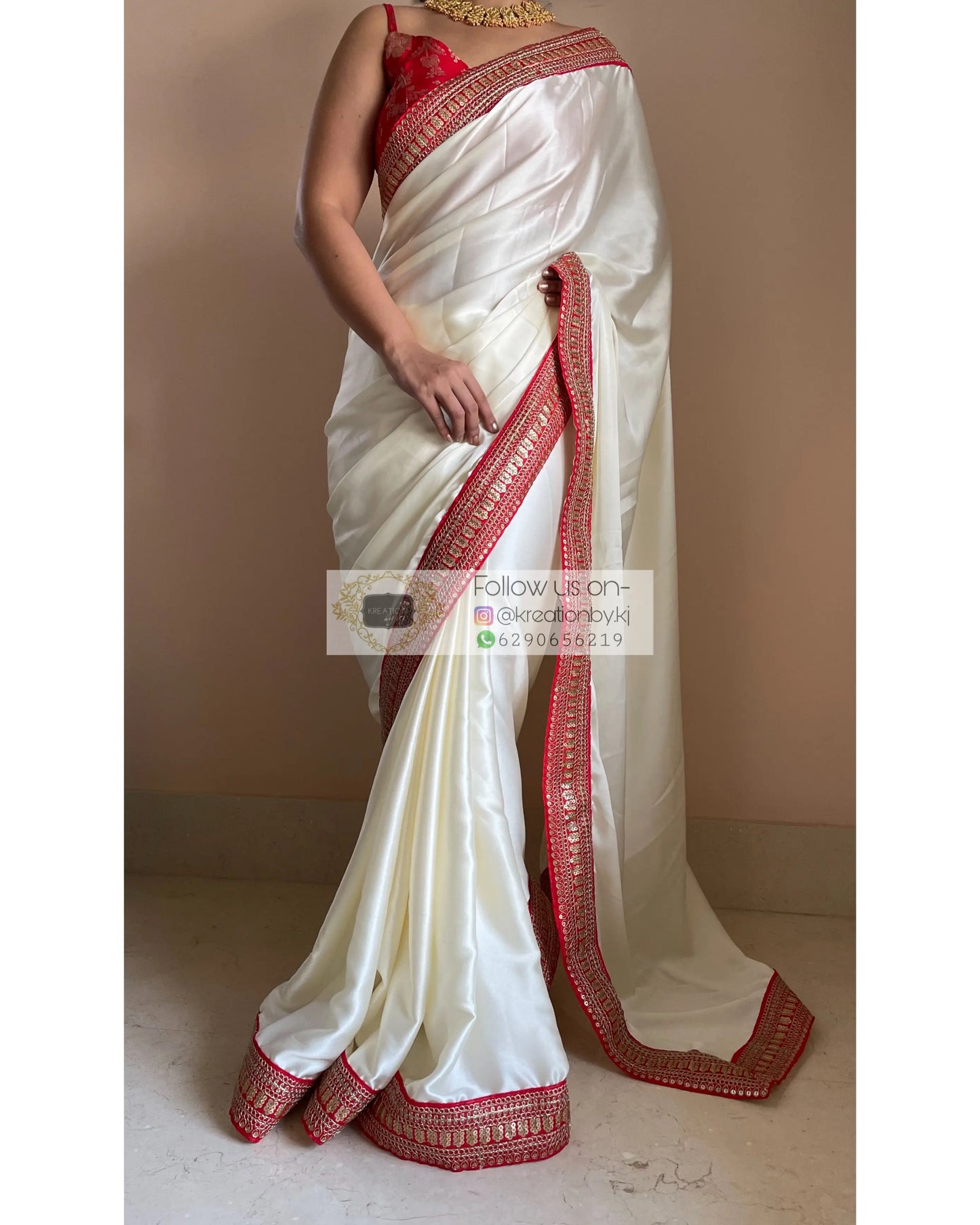 Cream Satin Saree with Red Border - kreationbykj