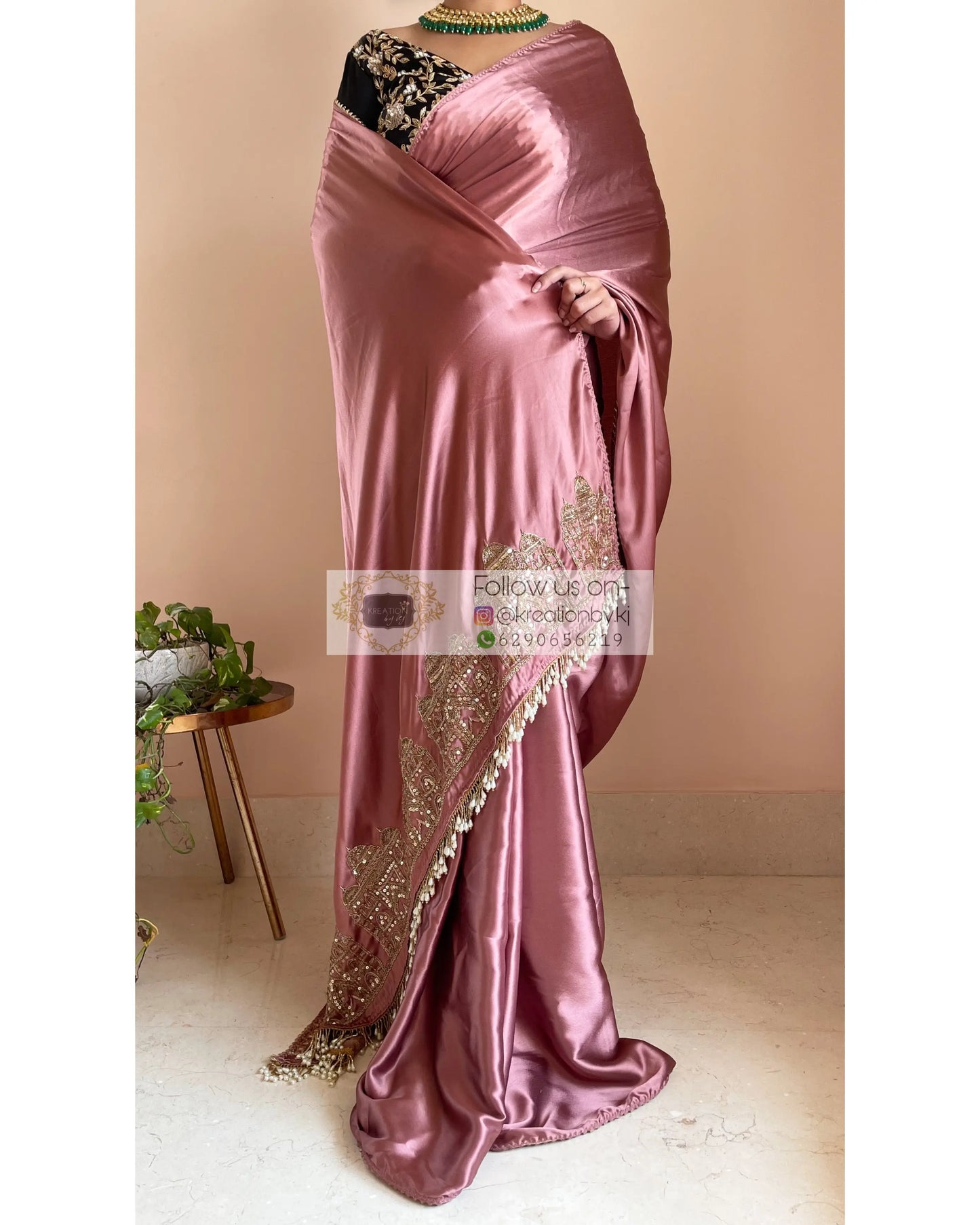 Rose Gold Satin Silk Taj Mahal Saree - kreationbykj