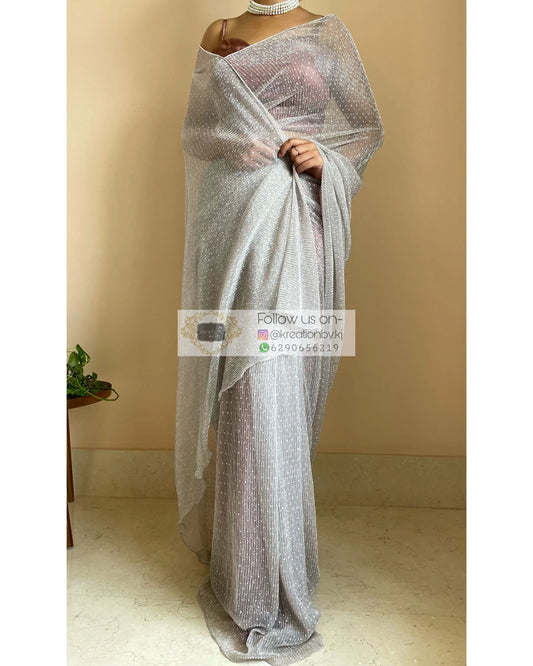 Silver with Polka Dots Pleated Shimmer Net Saree - kreationbykj