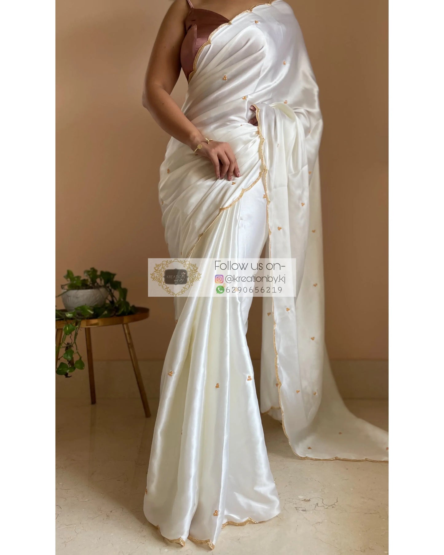 Cream Satin Silk Saree with Handembroidered Scalloping - kreationbykj
