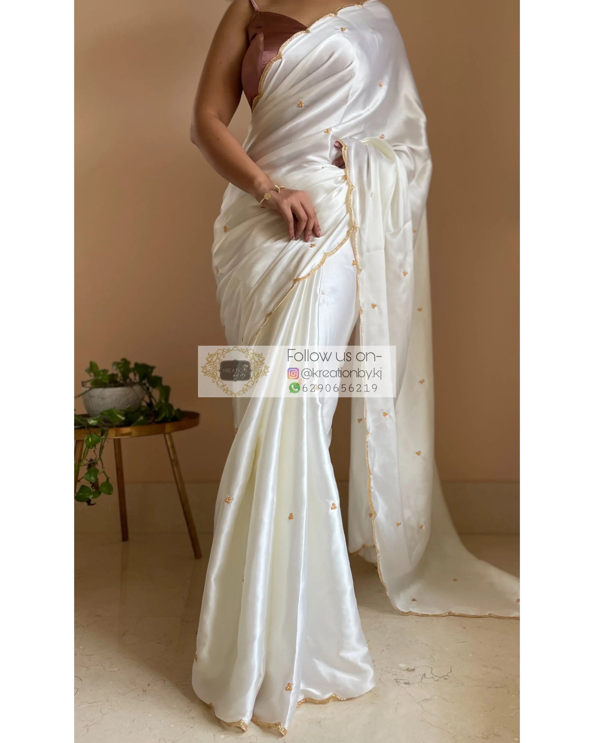 Cream Satin Silk Saree with Handembroidered Scalloping - kreationbykj
