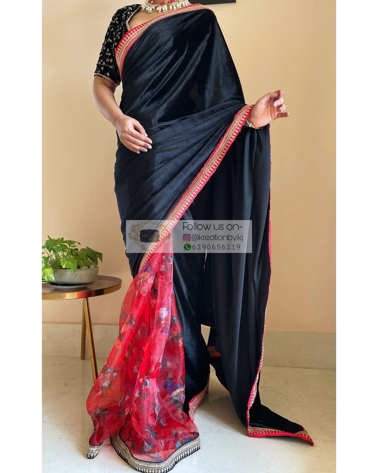 Black Floral Organza Velvet Saree - kreationbykj