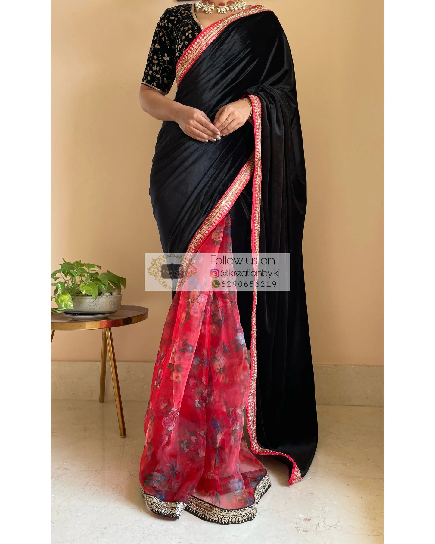 Black Floral Organza Velvet Saree - kreationbykj