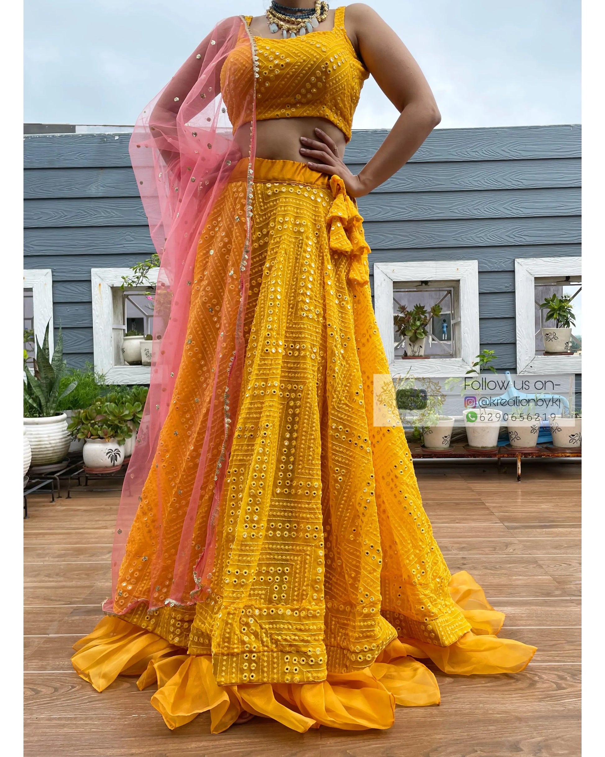Yellow Sheesh Mahal Lehenga Set - kreationbykj