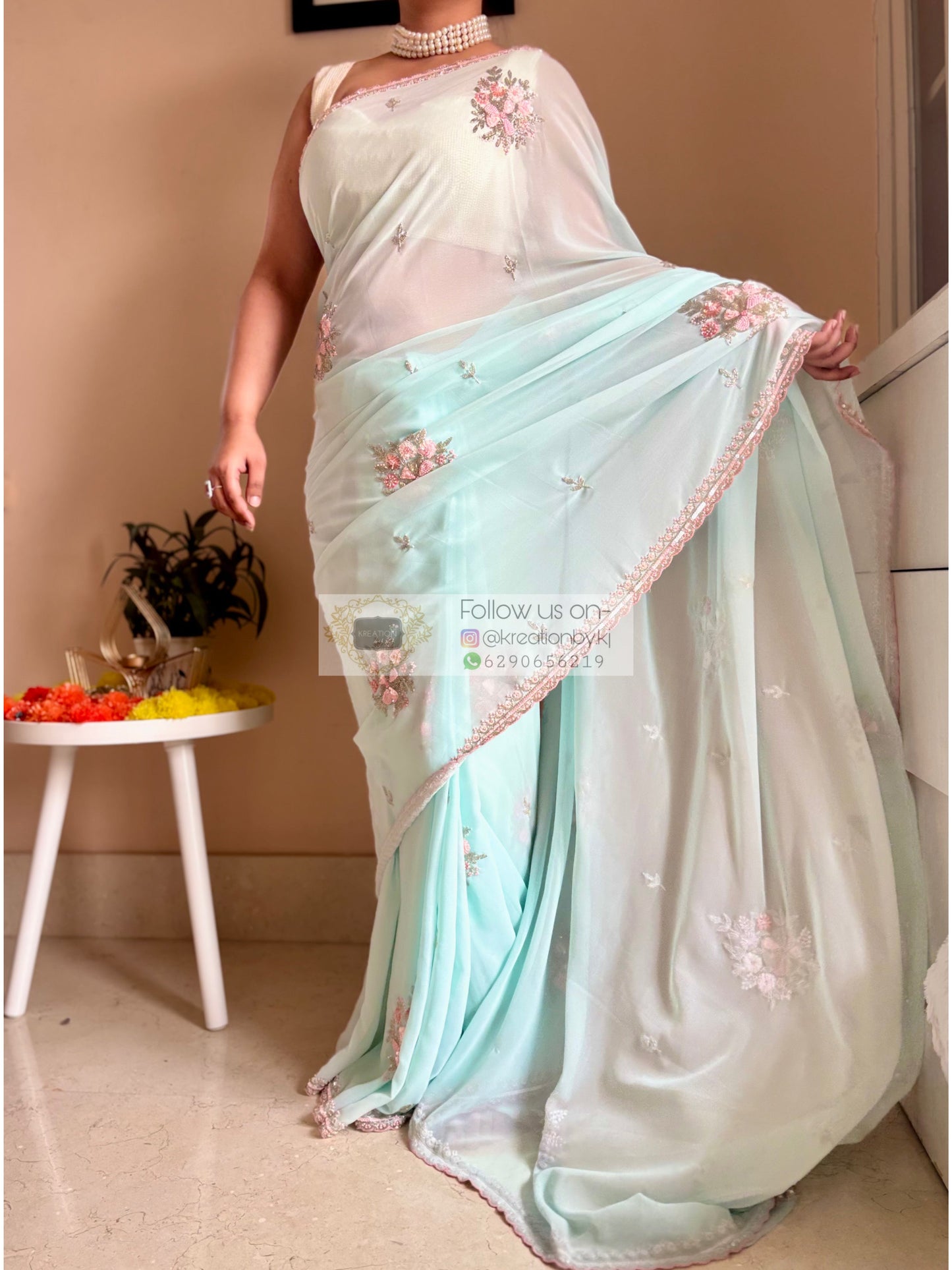 Powder Blue Floral Symphony Saree Kreation by KJ