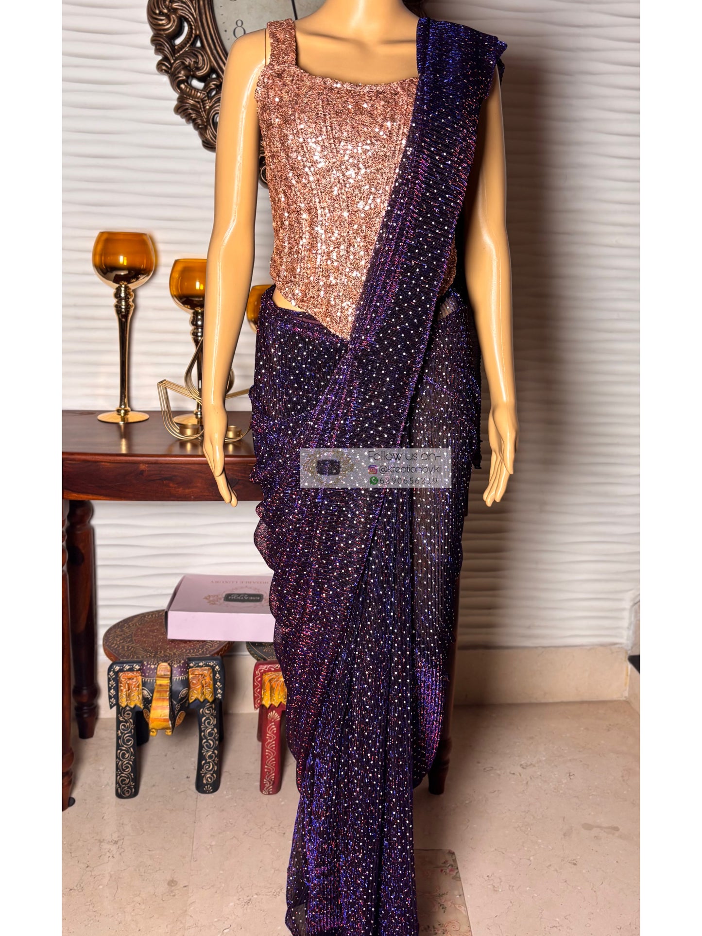 Midnight Purple Shimmer Drape Saree With Embellished Corset