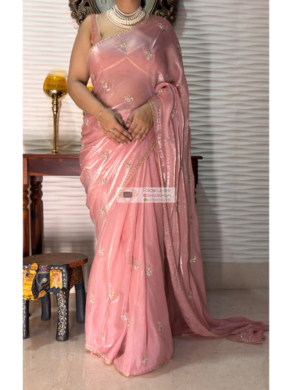 Blush Pink Shimmer Satin Saree with Floral Motifs
