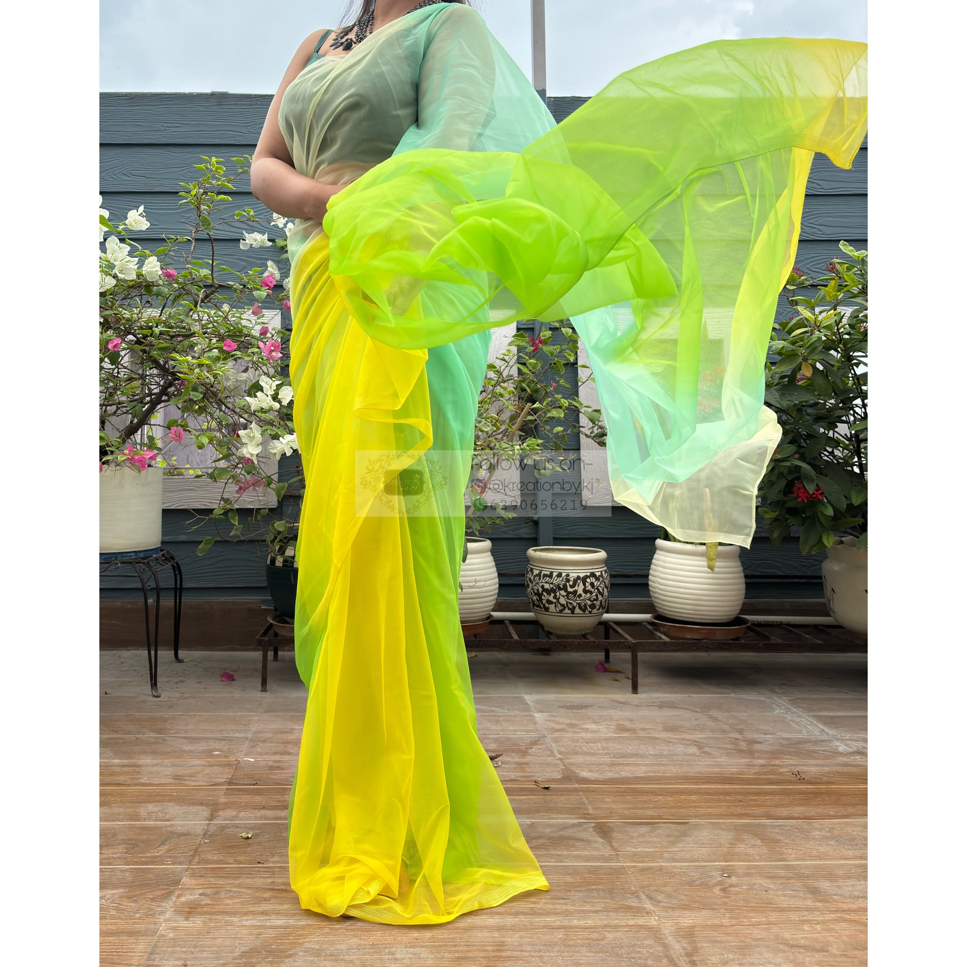 Green and yellow Net Ombre Saree kreationbykj