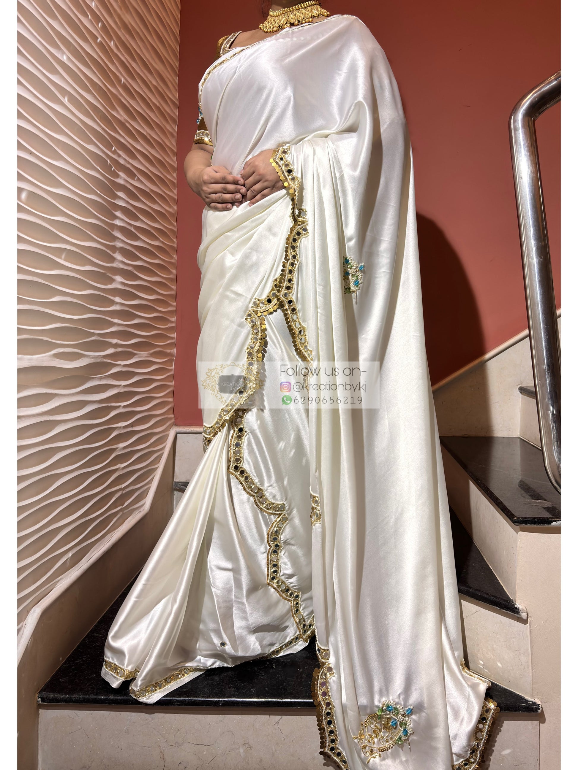 Snow Creme Satin Silk Saree With Real Mirror Work Kreation by KJ
