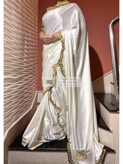 Snow Creme Satin Silk Saree With Real Mirror Work Kreation by KJ