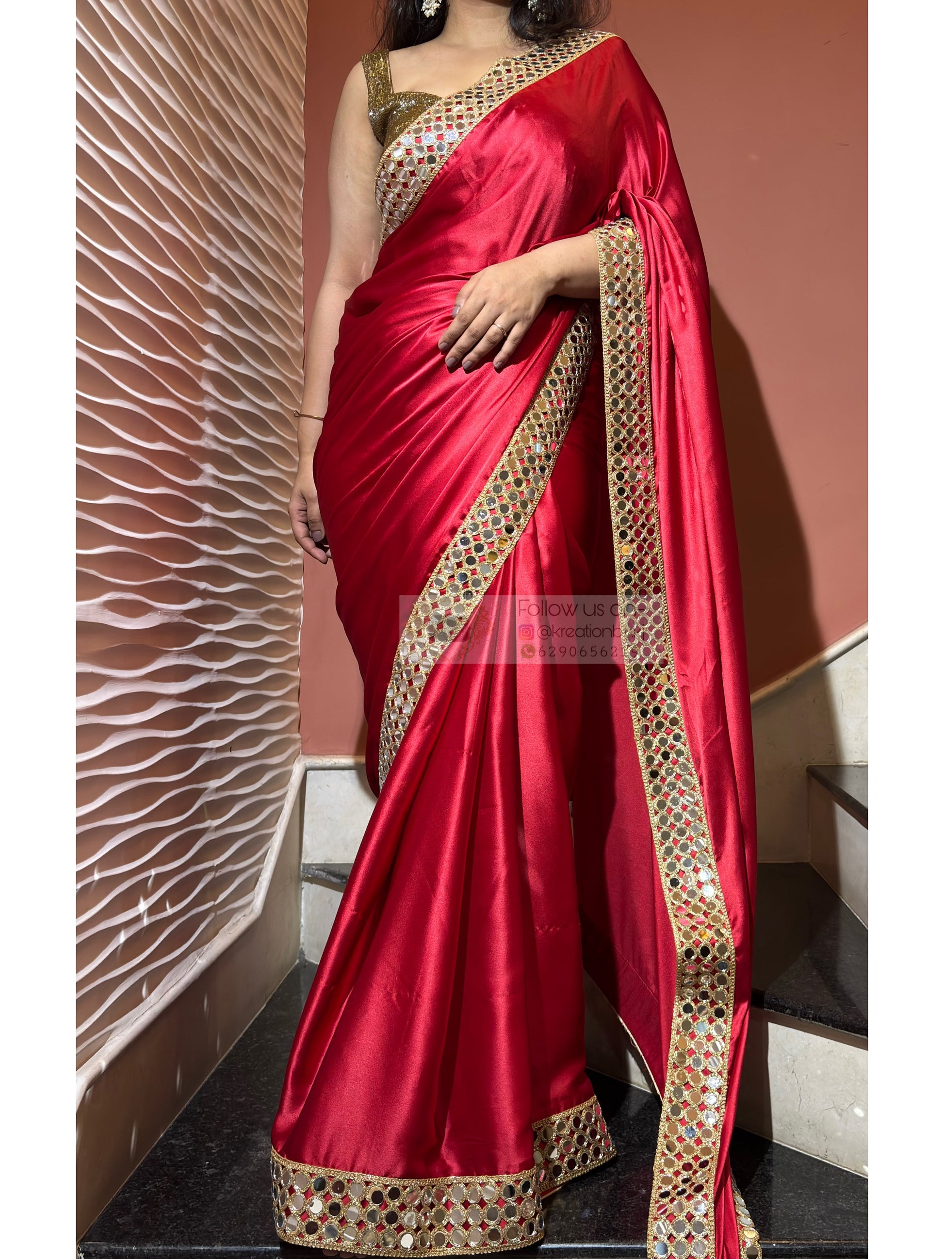 Crimson Red  Satin Silk Saree with Mirror Border kreationbykj