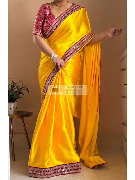 Yellow Satin Silk Saree with Pink Border - kreationbykj