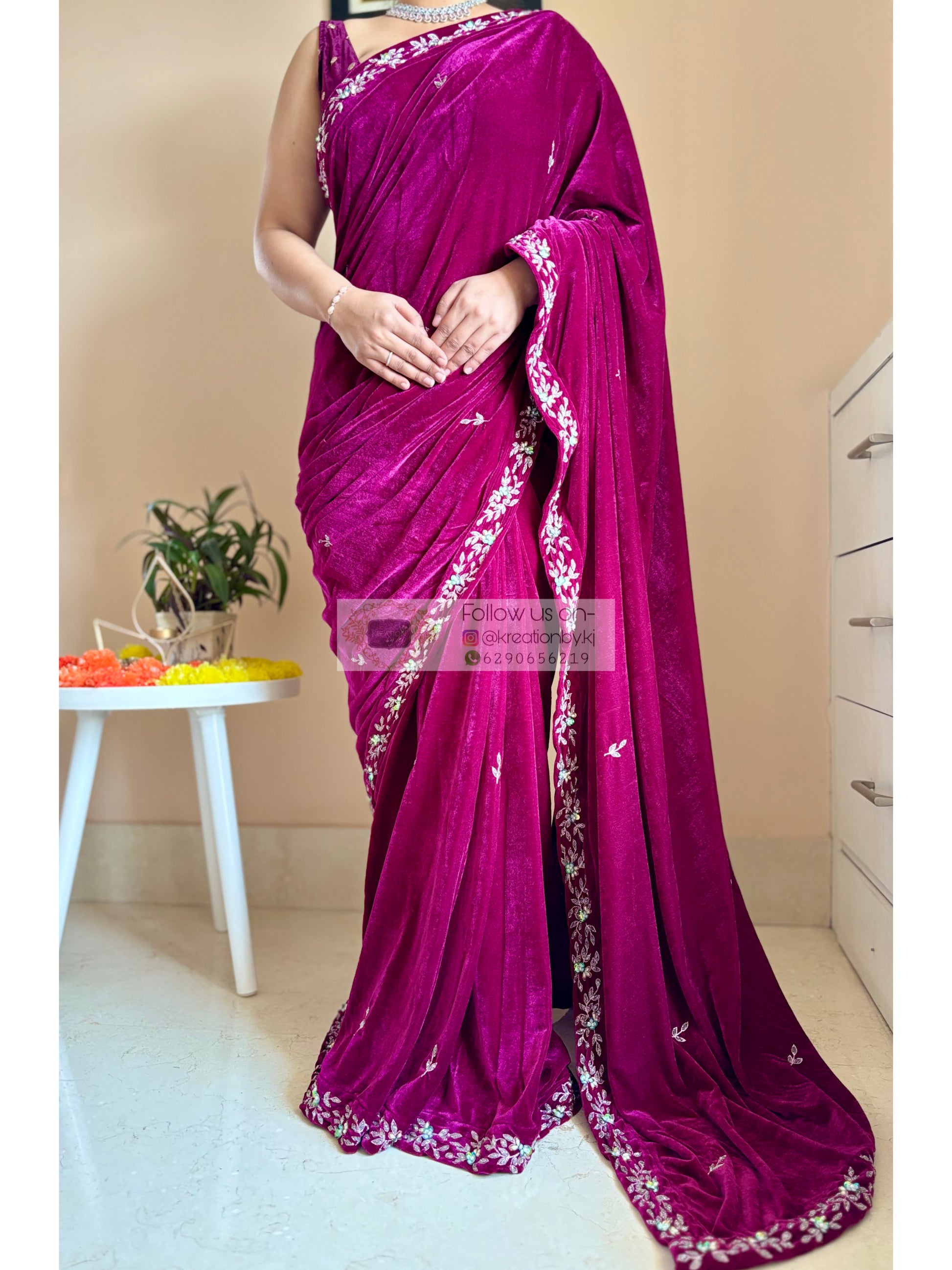 maroon velvet designer saree