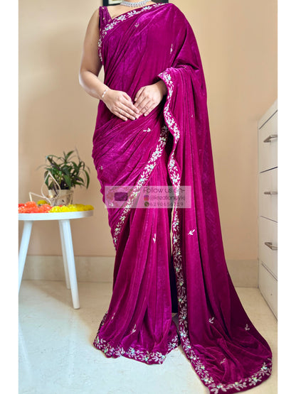 maroon velvet designer saree