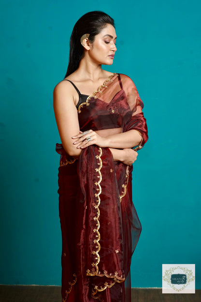 Maroon Glass Tissue  Sequins Piyali Saree