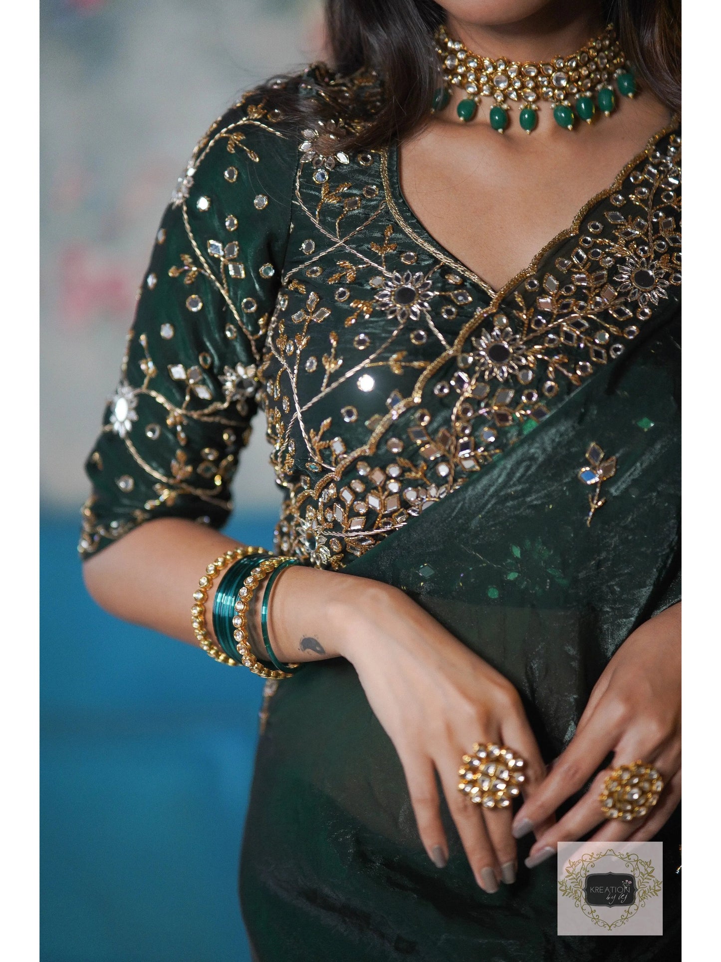 Bottle Green Shimmer Satin Sheesh Mahal Saree