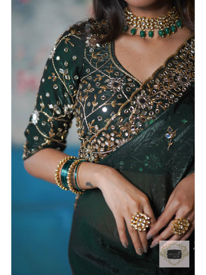 Bottle Green Shimmer Satin Sheesh Mahal Saree