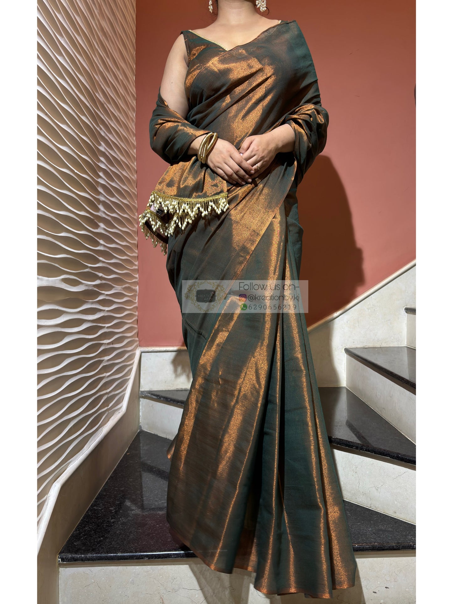 Copper Bronze Cotton Tissue Saree With Tassels in Pallu kreationbykj