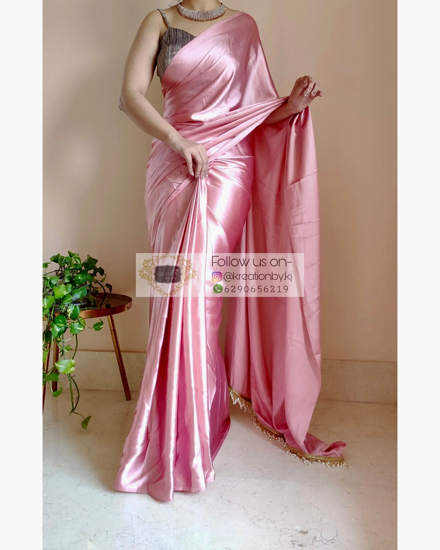 Old Rose Satin Silk Saree With Handmade Tassels On Pallu