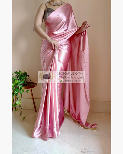 Old Rose Satin Silk Saree With Handmade Tassels On Pallu